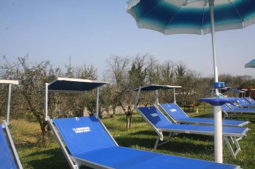 a group of blue chairs and an umbrella at Agriturismo Il Giardino Degli Ulivi in Lazise