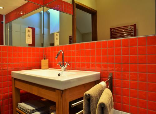 Łazienka z umywalką i czerwoną ścianą wyłożoną kafelkami w obiekcie Les houx de Mathieu w mieście Engis