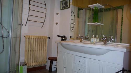 une salle de bain avec un lavabo et un miroir dans l'établissement La Salamandre, à Sarlat-la-Canéda