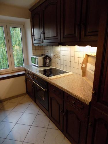 a kitchen with wooden cabinets and a stove top oven at (La parenthese) in Hombourg
