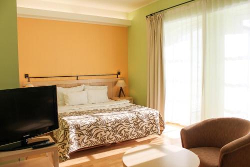 1 dormitorio con 1 cama, TV y silla en Sagadi Manor Hotel, en Sagadi