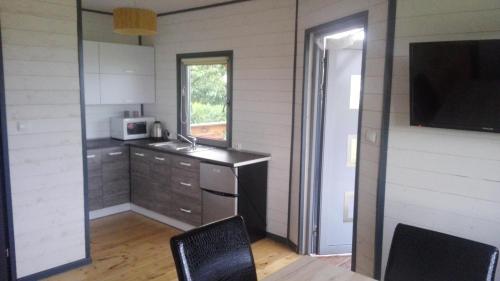 a kitchen with a sink and a microwave at Domek skandynawski in Łuszczewo