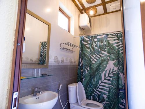 a bathroom with a sink and a toilet and a mirror at Dong Van B&B in Dồng Văn