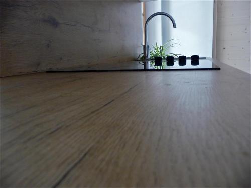 an empty room with a wooden floor and two plants at Putzerhof in Funes