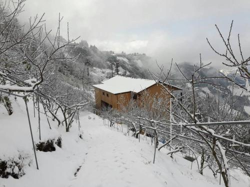 a cabin in the snow on a snowy mountain at The fairy land - Lala Mountain in Fuxing