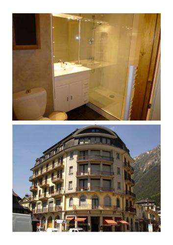 2 photos d'une salle de bains et d'un bâtiment dans l'établissement Le Carlton, à Chamonix-Mont-Blanc