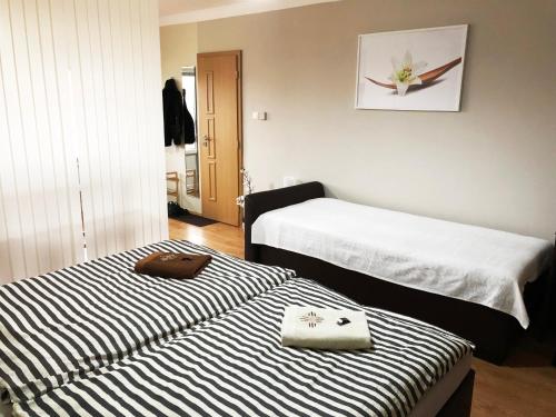 a hotel room with two beds with towels on them at Ubytovanie Zobor in Nitra