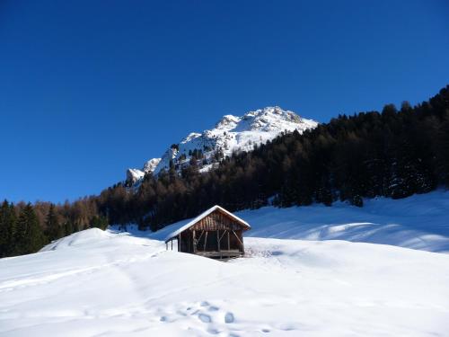 a cabin in the snow with a snow covered mountain at Putzerhof in Funes