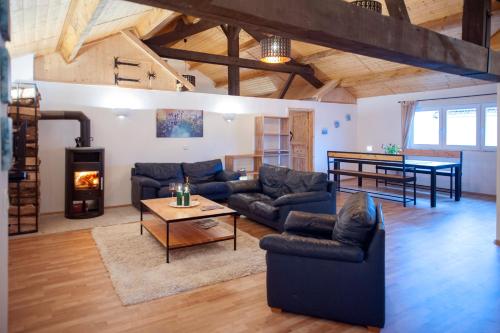 sala de estar con sofás, mesa y chimenea en "Domaine de la Mance" - Gite-Maison de vacances, en Vitrey