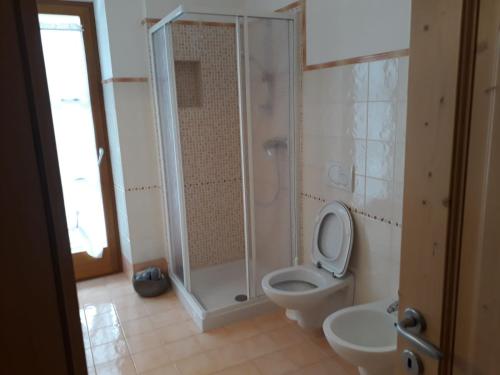 a bathroom with a toilet and a shower at HartlHof in Proves