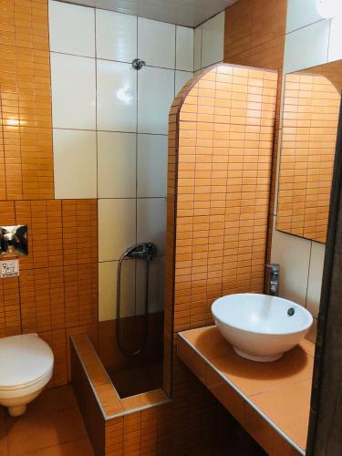 a bathroom with a sink and a shower and a toilet at Villa Livadaros in Karterados