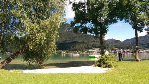 a person standing on the shore of a lake at Apart-Pension Wesenauerhof in Fuschl am See