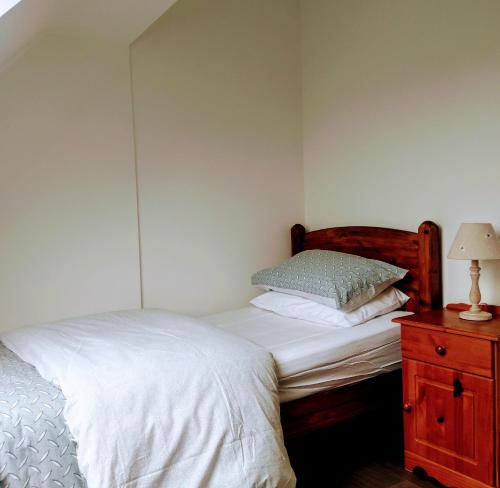 a bedroom with a bed and a dresser with a lamp at The Hollies in Adare