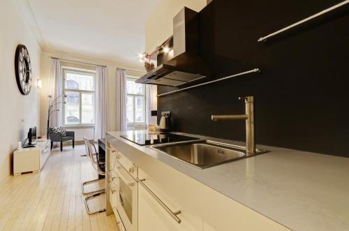 kuchnia ze zlewem ze stali nierdzewnej i czarną ścianą w obiekcie Historic Centre Apartments VI w Pradze