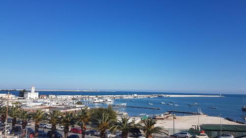 a harbor with boats in the water and palm trees at Terrazza Diomede Manfredi Homes&Villas in Manfredonia