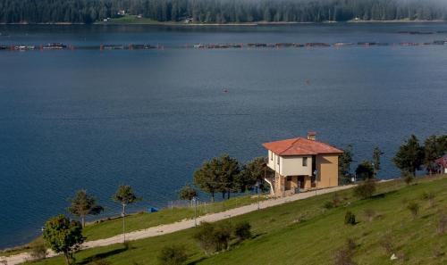 a house on a hill next to a body of water at Divna Guest House in Dospat