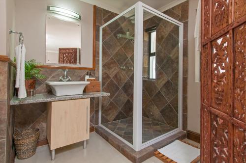 a bathroom with a shower and a sink at Whale Away Guest House in Hermanus