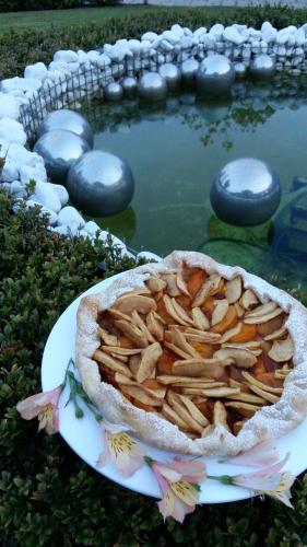 a pie sitting on a plate in front of a pond at La Casa di Linda in Mirano
