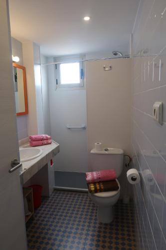a bathroom with a toilet and a sink and a shower at Apartamentos Guillem in Playa de Miramar