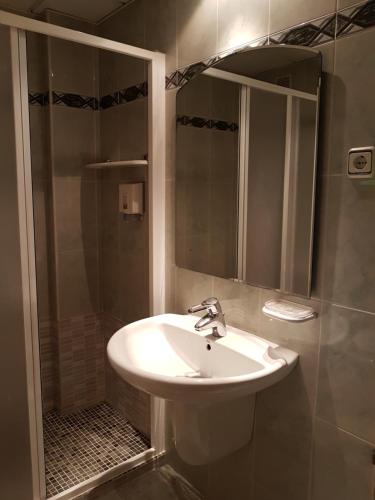 a bathroom with a sink and a shower at Hotel Don Pelayo in Arbós