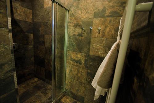 a shower stall with a glass door in a bathroom at Penzion Na Americe in Nové Jirny
