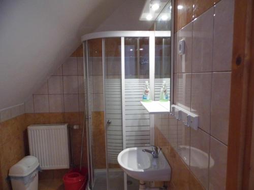 a small bathroom with a sink and a shower at Bakonyi Apartmanház Eplény in Eplény