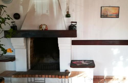 a fireplace in a living room with a mantle at Pensiunea Amo in Vălenii de Munte