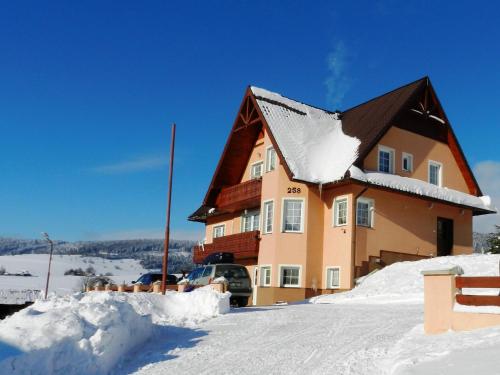 a house covered in snow in front at Penzión Soňa in Ždiar