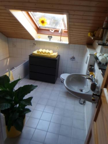 Un baño con lavabo, inodoro y ventana. en Ferienwohnung Glückskinder, en Rust