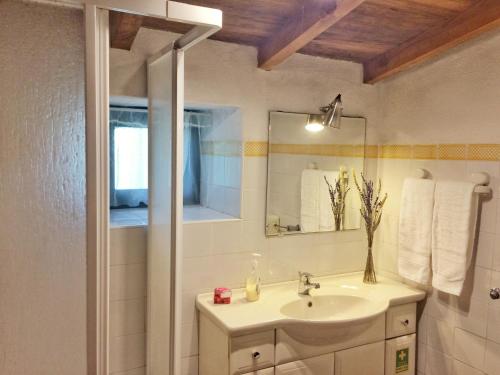 a bathroom with a sink and a mirror at Casas da Lagoa - 4 Casas de Férias Independentes in Santo Isidoro