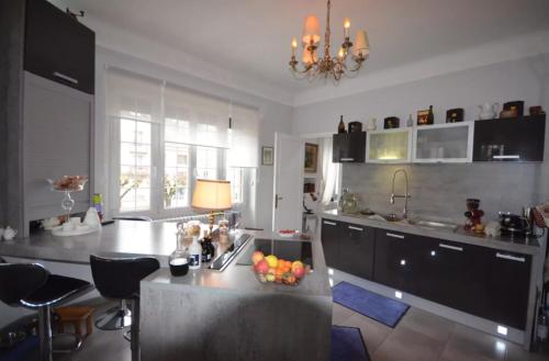 una cocina con una mesa y una encimera en Villa Vero, en Contrexéville