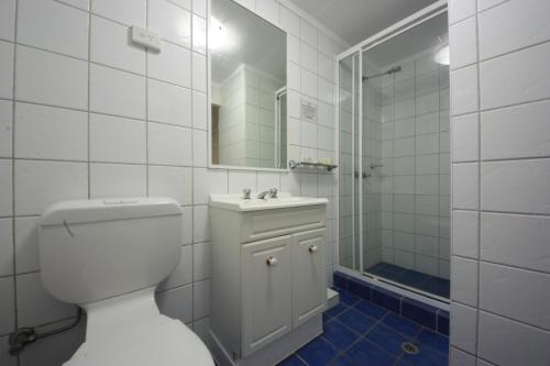 a bathroom with a toilet and a sink and a shower at Coconut Grove Holiday Apartments in Darwin