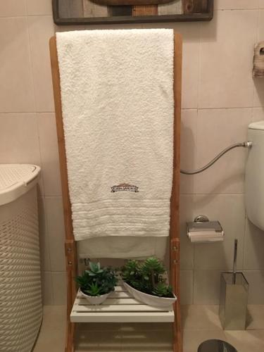 a towel rack with potted plants on it in a bathroom at Casa Sandra - Apartamento Mariana in Lousã