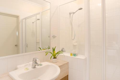 a white bathroom with a sink and a shower at Gecko Lodge Kalbarri in Kalbarri