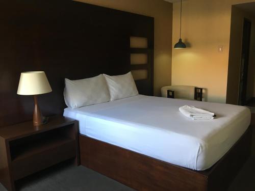 a bed in a hotel room with a lamp on a table at Hotel Maiya in San Jose