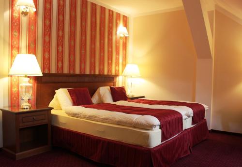 una camera d'albergo con un letto a parete a righe rosse di Penzion U Karla IV. a Kadaň
