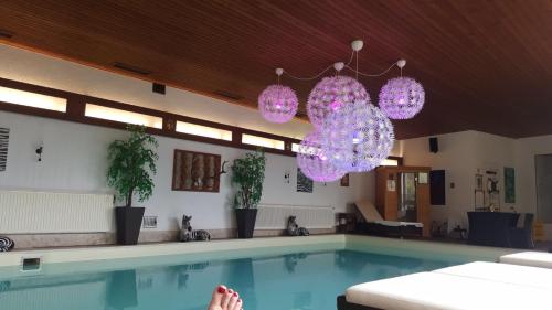 a swimming pool with purple lights hanging over it at Villa Desiree - Hotel Garni - Adults Only in Egg am Faaker See