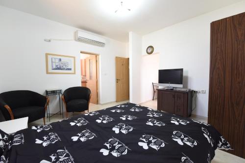 a bedroom with a bed and a tv and chairs at Flintstone Guest House בית ההארחה בן 11 החדרים אינו וילה פרטית אתם מזמינים רק חדרים לא את כל הוילה in Eilat