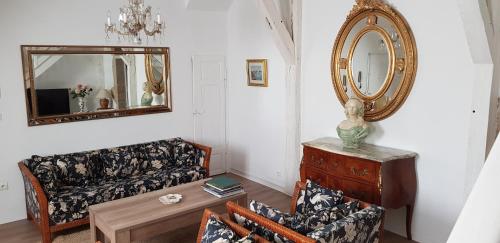 a living room with a couch and a mirror at Appartement Patarin Dijon in Dijon