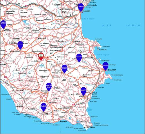 a map of the province of guatemala with blue dots at Experience Il Paesino in Licodia Eubea