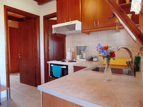 a kitchen with a sink and a vase of flowers on a counter at Christinas lofts in Ágios Matthaíos
