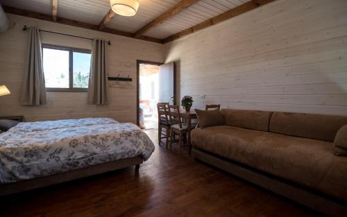 ein Schlafzimmer mit einem Bett, einem Sofa und einem Tisch in der Unterkunft Myrtle the Turtle Guesthouse in Safed