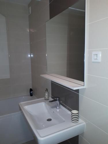 W łazience znajduje się biała umywalka i lustro. w obiekcie Apartmam "Mavi" w mieście Varaždin