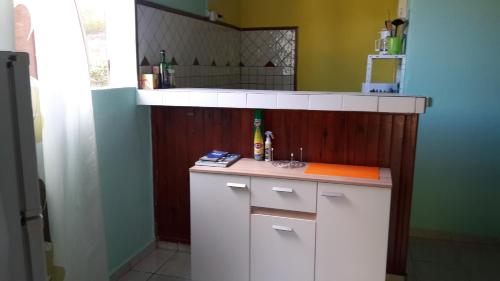 a small kitchen with a counter and a sink at Les petits sykriyés in Sainte-Anne