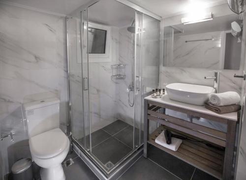 La salle de bains est pourvue d'une douche, de toilettes et d'un lavabo. dans l'établissement Unique Apartment close to Acropolis by GHH, à Athènes