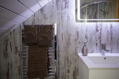 uma casa de banho com um lavatório e um espelho em Beudy Bach em Cross Hands