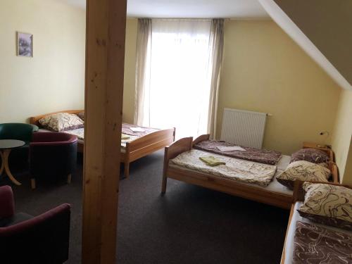 a room with two beds and a window at Penzion Tetřívek in Nové Hutě