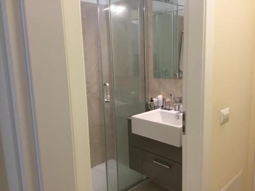 a bathroom with a glass shower and a sink at Colonno Panoramica Lago Di Como in Colonno
