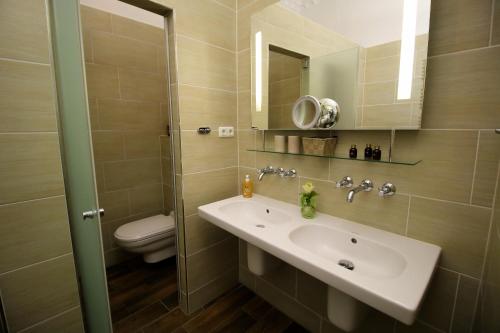 a bathroom with a sink and a toilet and a mirror at Guest house Villa Fritz in Potsdam