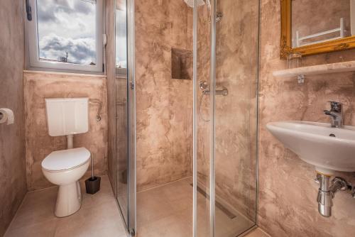 a bathroom with a shower and a toilet and a sink at Boutique Hostel Livia in Metković